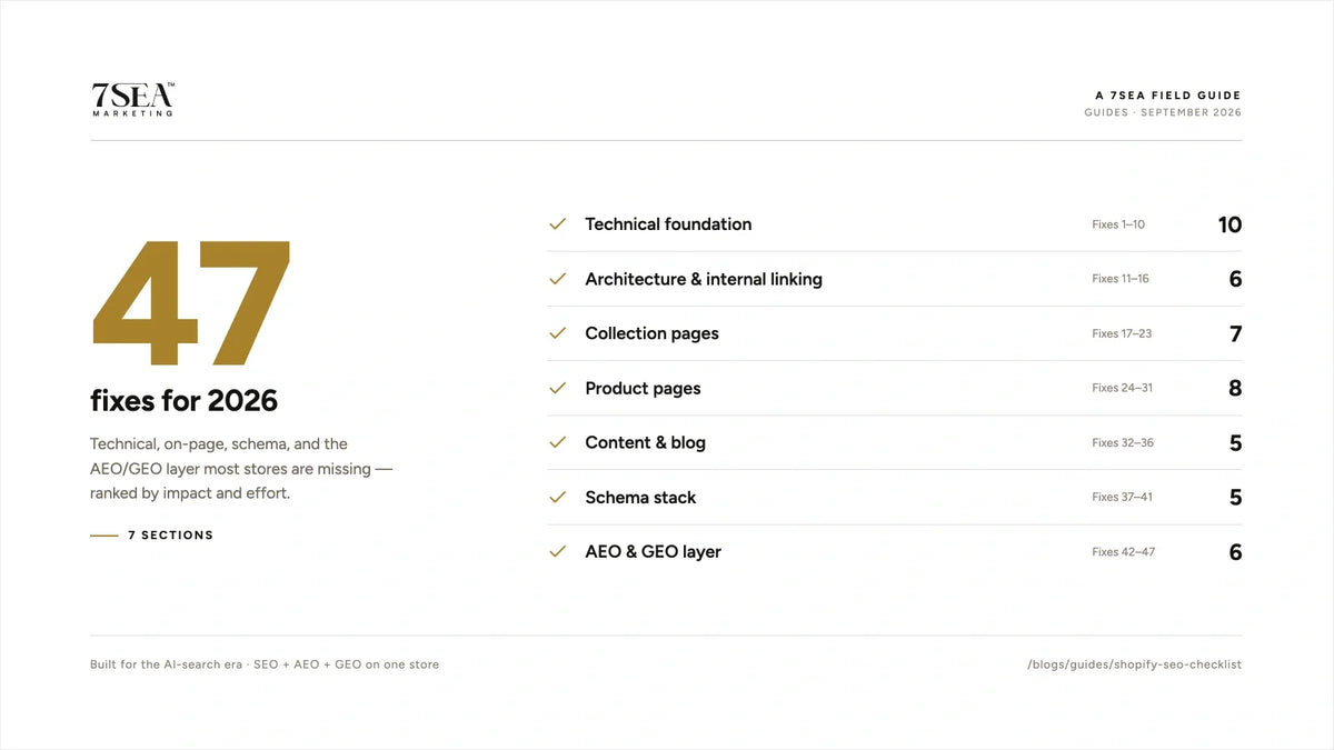 Shopify SEO checklist 2026 with 47 ranked fixes