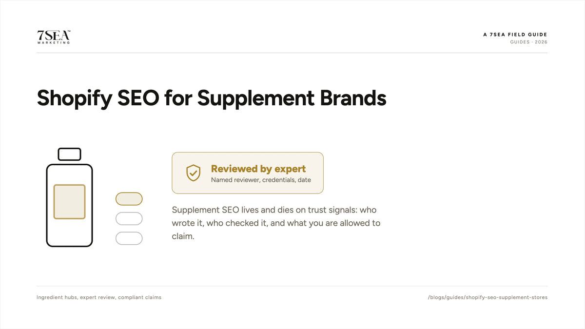 Shopify SEO guide for supplement stores covering E-E-A-T and compliant content